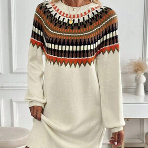 Multicolor Casual Women's Crewneck Multi-Color Jacquard Knit Long Sleeve Sweater